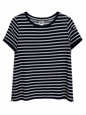 Anne Klein L Navy White Striped Top Button Back Travel Wrinkle Resistant Coastal